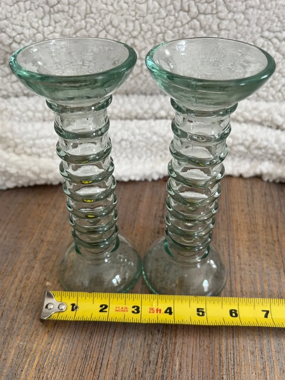Set 2 Recycled Glass Ribbed Candlestick Holders Green/Blue Aqua 7.25”